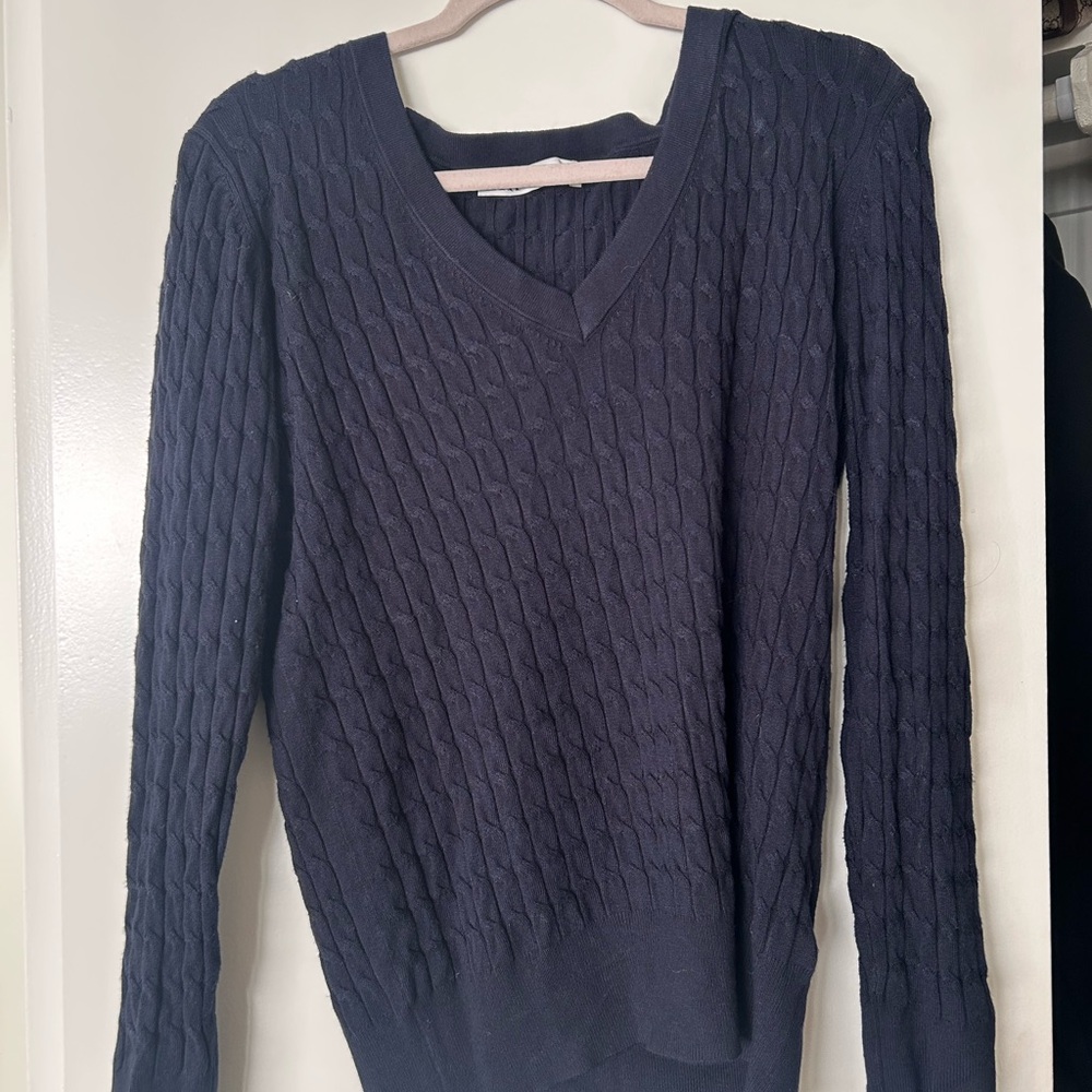 Zara Dark Blue Cable Knit V-Neck Sweater